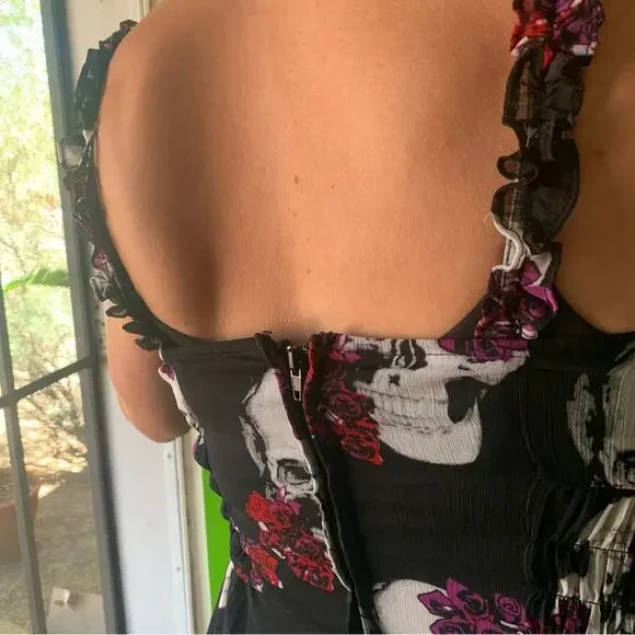 WhimsyGoth Dress Royal Bones by Daang Skull Print Sz Medium Black Chiffon - Picture 8 of 16